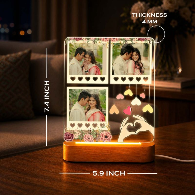 Personalized Wedding & Valentine's Day Gift for Couples, Husband, Wife Decorative Bedside Night Light with Heart Hands Design and Wood Stand